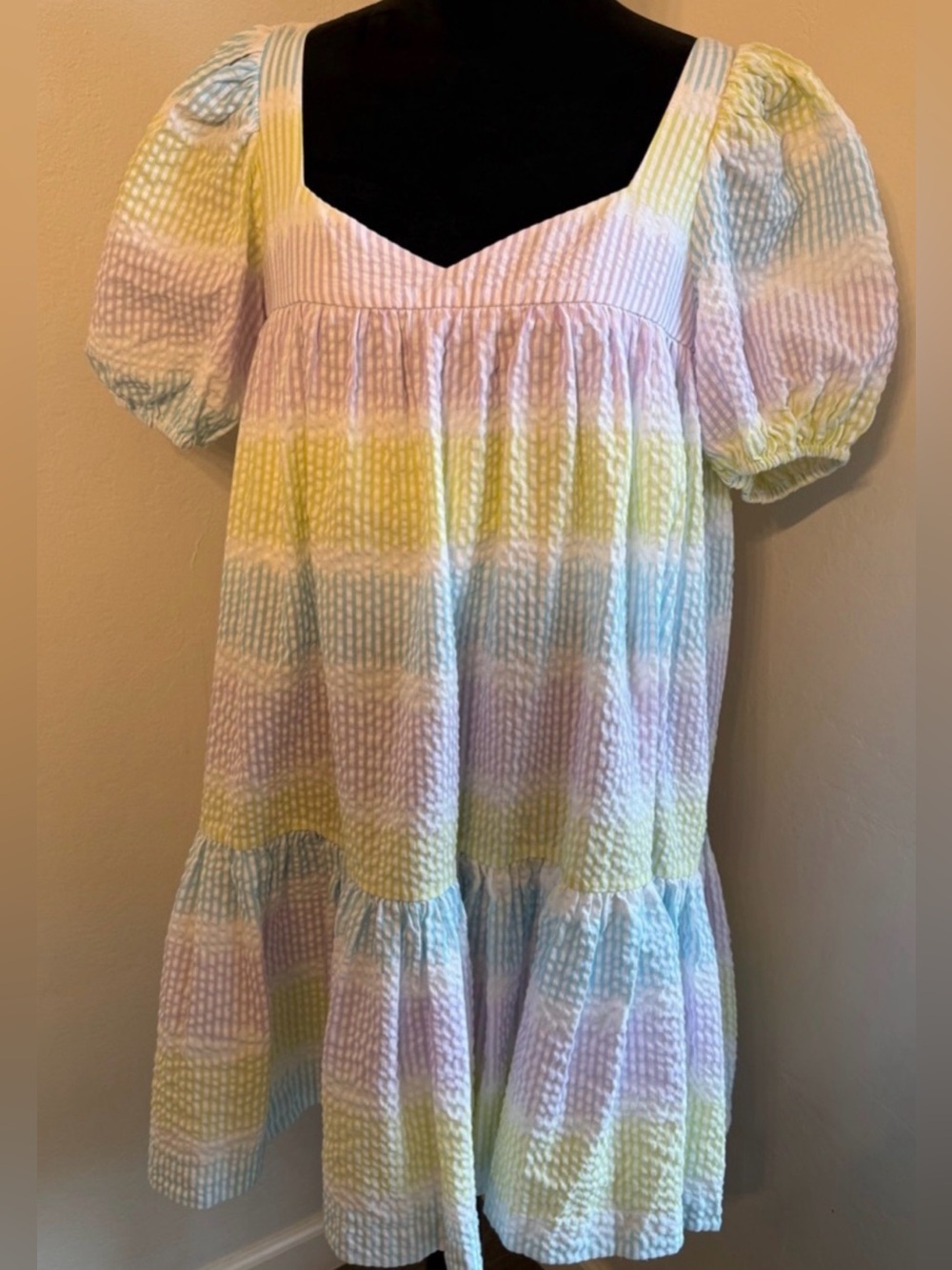 Brand New Women’s Pastel Stripe Puff-Sleeve Dress - Multicolor (Size M)
